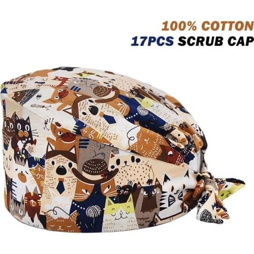 Clearance Scrub Cap Adjustable 100% Cotton Anime Cat Printing Nursing Hat Beauty Salon Pet Shop Working Accessories Scrubs Caps