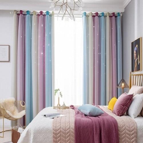 Nordic Curtains for Living Room Bedroom Gradient Striped Hollow Stars Integrated tulle Curtains Finished Product Customization