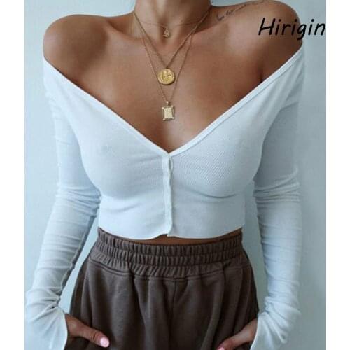 2020 Hot Sale Slim blouses Sexy Women Ladies Summer Slim crop tops Long Sleeve Shirts Casual Solid V Neck Knitted Short Tops