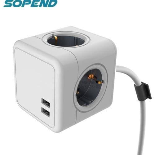 Sopend Extension Cord 1.5 M Power Strip Powercube Electrical Socket 16A 250V EU Plug 4 AC Outlet Extension Socket with 2USB gray