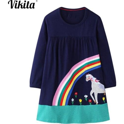 VIKITA Toddler Clothes Kids Baby Girl Autumn Dress Unicorn Appliqued Long Sleeve Cotton Casual Dress Animals Cartoon Clothes