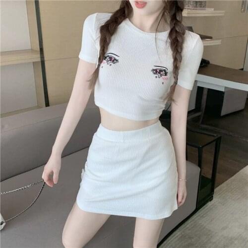 Wenfly Womens Casual Sweet Suit O-Neck Short Sleve Printed T-shirt Elastic High Waist A-line Sheath Skirt Two Piece Sets