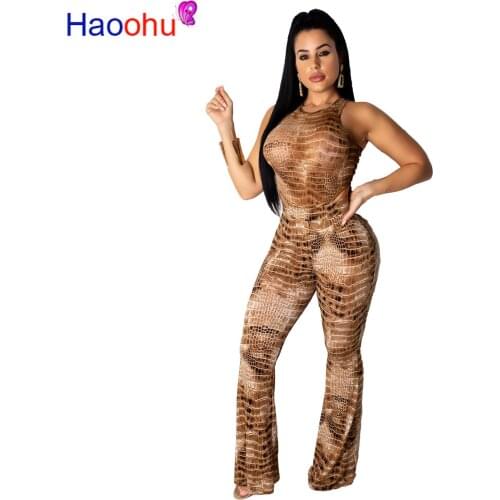 Snake Skin Print Sexy Party Jumpsuits For Women O Neck Sleeveless Bandage Long Romper Vintage High Waist Skinny Flare Bodysuit