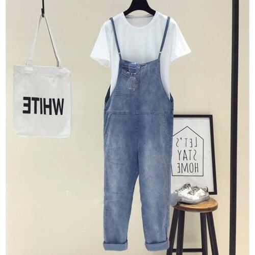 2021 New Korean Loose and Thin Large Size Cowboy Girls' Spring and Summer Capris Student Suspenders