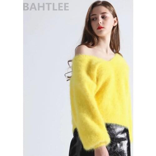 BAHTLEE Winter Womens Angora Rabbit Jumper Sweater V-Neck Lantern Sleeve Wool Knitted Pullovers Keep Warm Thick Loose