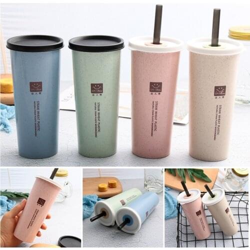 470ML 1*Portable Large Wheat Straw Water Cup with Straws Multi-Functional Double Lid Cola Coffee Drinking Cup Plastic Cup 150gB