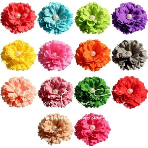 200pcs/lot 11CM 20Colors Fashion Soft Shabby Artificial Shaped Fabric Hair Flowers With Pearl Buttons For Children Accessories