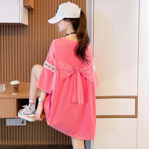 #4315 Black Pink Yellow Short Sleeve Long T Shirt Women Cotton Cartoon Printed T Shirt Femme Spliced Bow Casual Women Tee Shirts