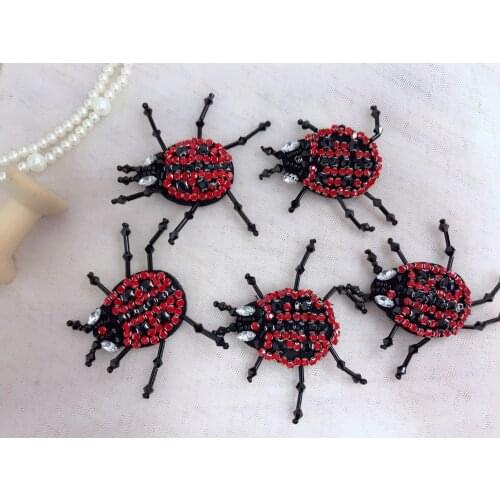 5 PCS Red Black Patches Handmade Rhineston Beaded Ladybug Patches Crystal Insect Patches Sew On Clothes Applique Bag Hat Craft