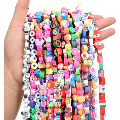 30pcs 10mm Smiley/Fruit/Animal Printing Beads Polymer Clay Beads Mixed Color DIY Polymer Clay Spacer Beads For Jewelry Making