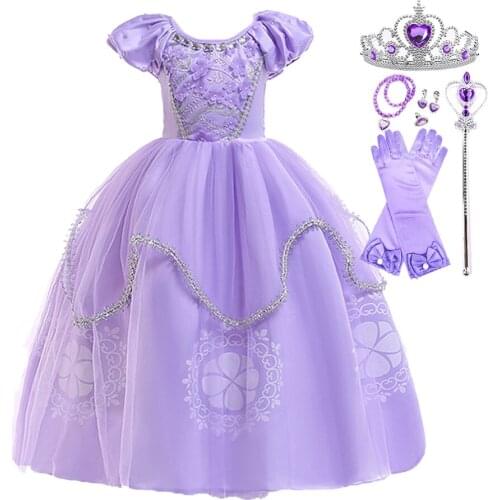 Kids Sofia Dress Girls Birthday Party Costume Girls Summer Purple Short Sleeve Princess Dress Child Halloween Costume 3-10 Years