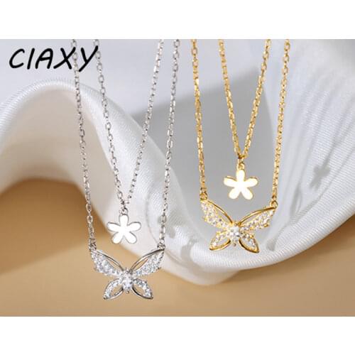 CIAXY 925 Sterling Silver Inlaid zircon double layer chokers for women flower butterfly pendant necklace 2021 fashion jewelry
