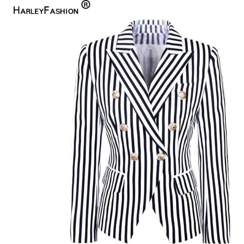HarleyFashion Europe and America Street-Wear Fashion Striped Printed Top Jacket Two Colour Slim Blazer