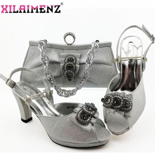 2019 Silver Color Nigerian Design Shoes and Bags To Match Set Italian Women Wedding Shoes and Bags Sets with Crystal