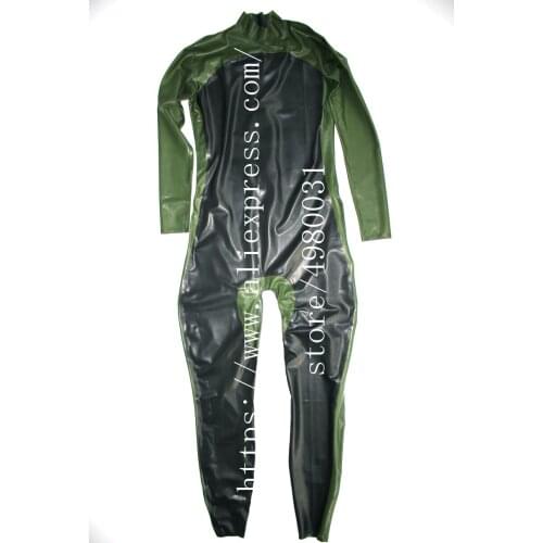 Latex catsuit men in Zentai long sleeve catsuit homme with back zip to back waist in black with green trim colors