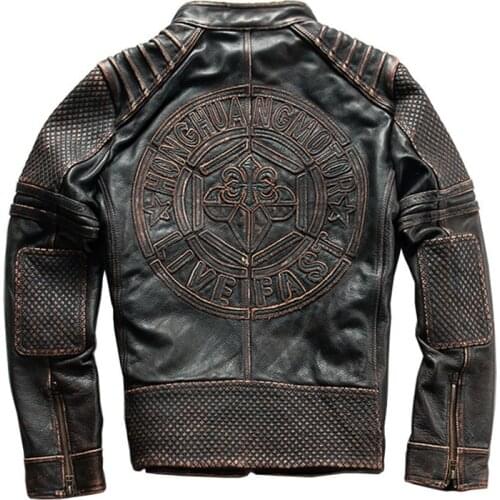 Mens Genuine Cowhide Jacket Spring Autumn Retro Leisure Motorcycle Leather Jacket Mens cowhide Jackets