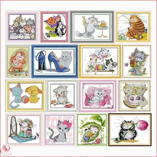 Joy Sunday Cat Cartoon Animal Pattern Cross Stitch Kit 14CT 11CT Printed Canvas DIY Embroidery set Needlework Home Decoration