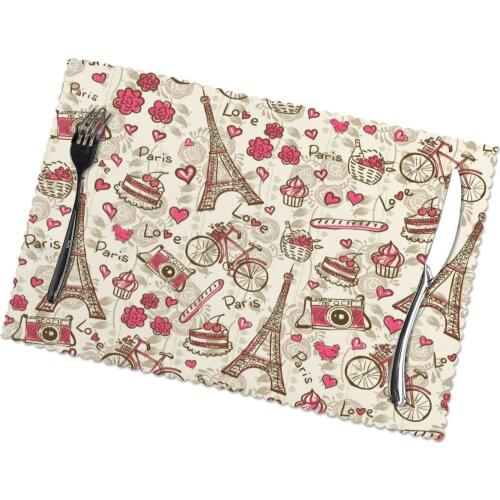 Set of 6 Vintage Paris Love Eiffel Tower And Hearts Placemats for Dining Table Place Mat in Kitchen Accessories Cup Wine Mat