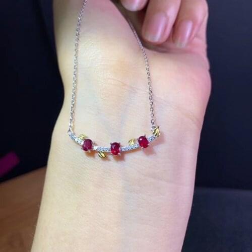 Natural red ruby gem Necklace natural gemstone Pendant Necklace S925 silver Elegant Smiley Leaves girls women wedding Jewelry