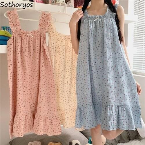Nightgowns Women Sweet Sleeveless Loose Print Cute Comfortable Spaghetti Princess Strap Dress Ladies Home Clothing Ulzzang Ins