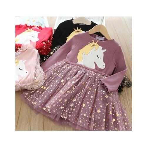 2020 girls autumn long-sleeved dress crown pony star mesh stitching princess dress girls clothes kids dress christmas dress girl