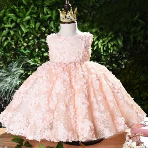 2021 New Summer Kids Girls Party Dress Pink Appliques Open Back Sleeveless Princess Dresses Wedding Piano Perform Birthday E1186