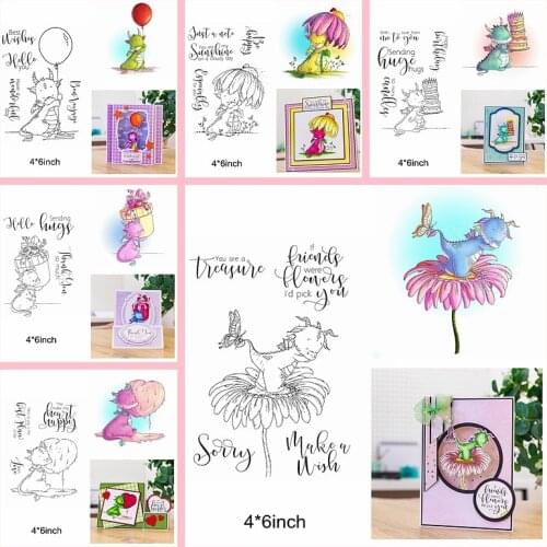 Clear Silicone Stamp Mix Cute Dragon Cartoon Flower Butterfly Letter Senterce Balloon Cake Diy Make Cards Stencils Scrapbook