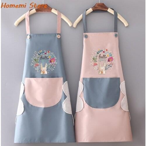 Kitchen Wipeable Waterproof Apron Oil-Proof Cartoon Wreath Rabbit Kitchen Nail Shop Apron For Women Baking Accessories