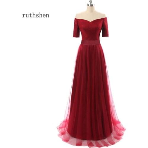 Ruthshen Burgundy Prom Dresses Cheap Off Shoulder Pleated Tulle 2020 Real Photo Formal Evening Gowns Vestido Longo