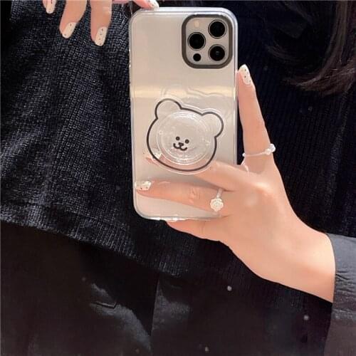 Cute Cartoon 3D Bear Stand Holder Phone Case For iPhone 11 12 Pro Max XR XS Max X 7 8 Plus Bracket Soft Silicone Cover Clear Bag