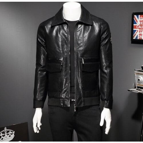 US 2020 Autumn Winter Leather Jacket Men Fashion Zipper Solid Black Motorcycle Coat jaqueta de couro Flag Mens Jackets 17922