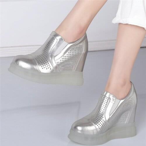 Breathable Pumps Shoes Women Genuine Leather Wedges High Heel Ankle Boots Female Summer Round Toe Fashion Sneakers Casual Shoes