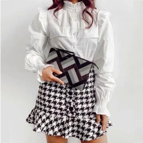 Foridol Tweed Knitted Houndstooth Plaid Mini Skirt Women Autumn Vintage Chic Button Ruffle Bodycon Skirt High Waist Skirt 2020