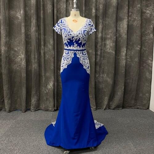 Petite Girl Mermaid Evening Dress V Neck Short Sleeves Lace Appliques Royal Blue Prom Wedding Party Gowns with Sash In Stock