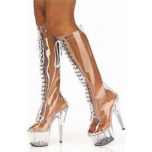 Women Special Boots See Through Toes Transparent High Heels Clear Sandals Stilettos Shoes Lace Up Front Boots Size 35-46