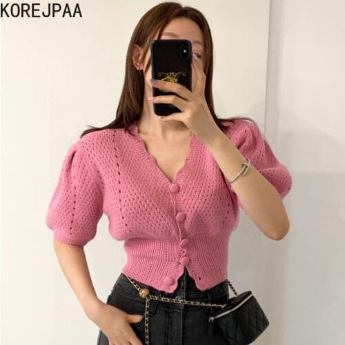 Korejpaa Women Jacket 2021Korea Chic Fashion Elegant V-neck Hollow Slim Single-breasted Short Bubble Sleeve Sweaters Coat Top