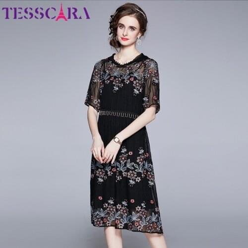 TESSCARA Women Summer Elegant Embroidery Dress Festa High Quality Vintage Party Robe Femme Runway Designer Lace Mesh Vestidos