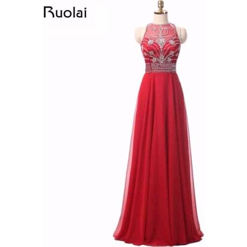 Real Sample Halter Shiny Crystal Beaded Cross Back Chiffon A-Line Evening Dresses 2019 Red Prom Dresses Vestido de Fiesta FE65