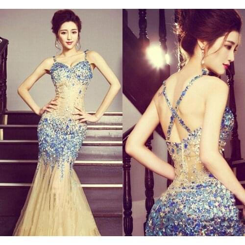 2020 Robe de Soiree Luxurious Crystals Straps Tulle Mermaid Prom Dress Champagne Evening Formal Dresses Vestidos de Festa