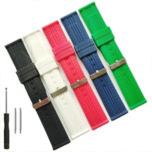 20mm 22mm 24mm Silicone Rubber Watch Band Super Thin Tire Track Strap for Fashion Casual Watches Black Red Blue Green White