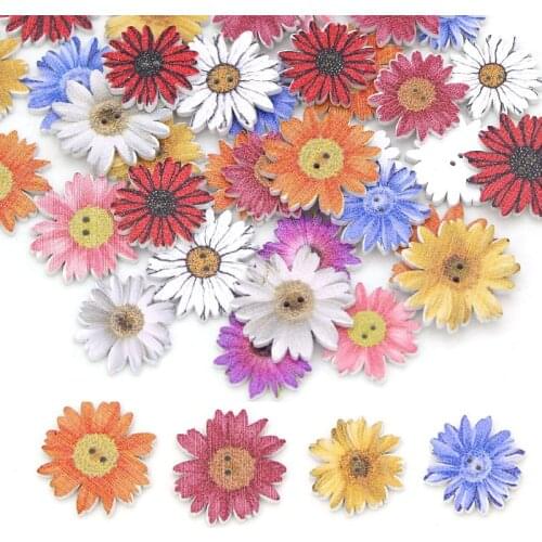 50Pcs Flower Buttons Colorful Daisy Wooden Button Chrysanthemum Sew Buttons For Kids Decorative Clothes Scrapbooking Crafts
