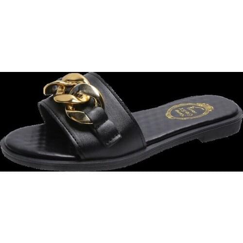 Brand Womens Sandals and Slippers Summer Flat-bottomed Slippers Women Casual Breathable Metal One-word Slippers Women