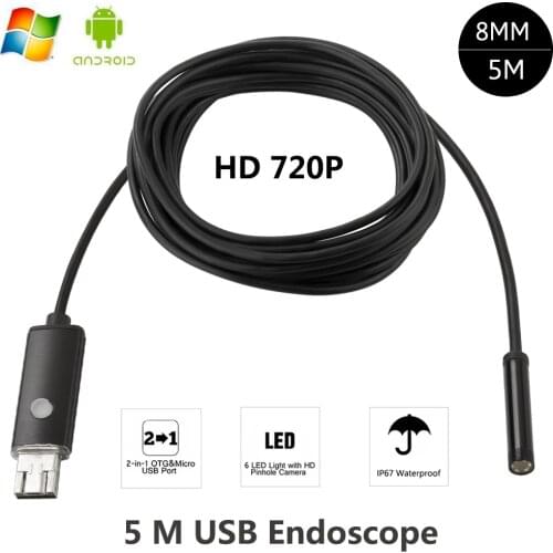New 2In1 Endoscope 8mm USB Android Camera 5M Cable Snake Tube Waterproof Mini USB Android Borescope Inspection OTG Phone Camera