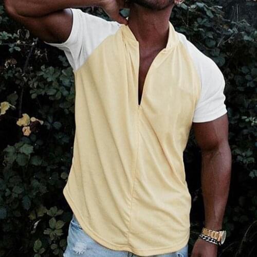 2021 Summer Men T-shirt Stand Collar Short Sleeve Color Block Zipper Blouse Tops Casual Male T-Shirt New Fashion Streetwear