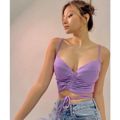 Short Corset Ribbed Tube Top Women Summer White Tie Front Tops Tee with Bras Fashion Lace Up Bandage Camis Sleeveless Clothes