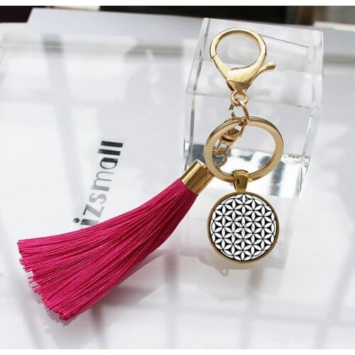 Flower of Life Seed of Life tassel Keychain Pendant Fleur De Vie Glass Cabochon car bag Key ring Pendant female Jewelry women