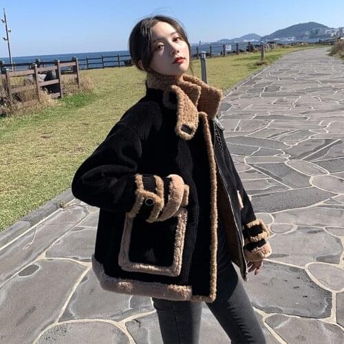 Women 2020 Autumn Winter Jacket Thick Fur Lined Coats Parkas Fashion Faux Fur Lining Corduroy Bomber Jackets Casual Outwear Y946