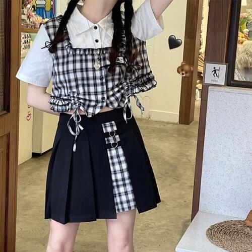 Summer preppy style plaid skirt female Korean sweet and cute JK uniform pleated skirt Harajuku high waist A-line skirt suit