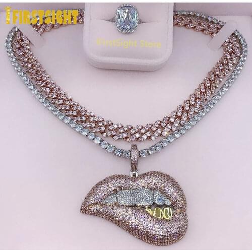 Tone Color Micro Pave Pink Cubic Zirconia Drip Lip Pendant Necklace Iced Out Bling 5mm CZ Tennis Chain For Women Hiphop Jewelry