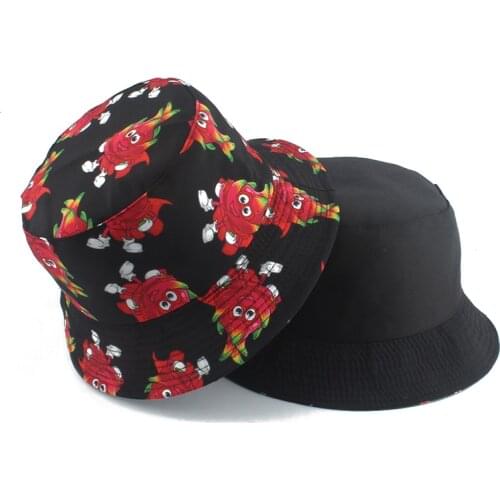 2021 Korean Fashion Fisherman Hat Cartoon Print Black Bucket Cap Reversible Panama Bob Hat Casual Fishing Hip Hop Gorras